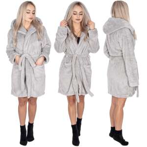Springos grey hooded bathrobe, front, back, and side views - Springos