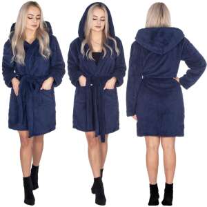 Springos navy blue hooded bathrobe for women, front and back view - Springos