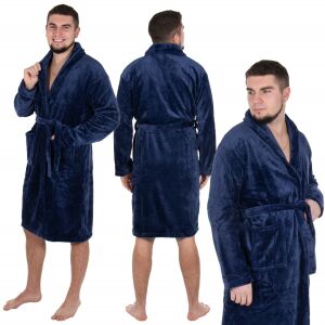 Springos navy blue plush robe for men, front, back, and side views - Men's Robe