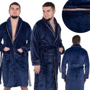 Collage of Springos navy blue plush robe for men, multiple angles and fabric texture - Men's Robe
