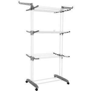 Springos 3-tier clothes drying rack with wheels, white and grey - Clothes Dryer