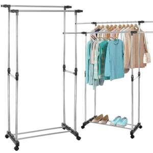 Collage of two Springos clothes racks with clothes and shoes on them - Clothing Rack