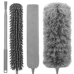 Springos 3-piece telescopic duster set with microfiber, feather and brush heads - Portraits