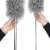 Springos telescopic duster with gray and white microfiber head, showing the duster head and handle separately, and a woman holding the duster