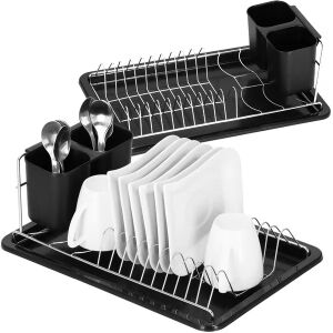 Springos dish rack with black drip tray and cutlery holder, angled view - Springos