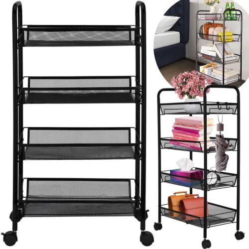 Springos 4-tier black metal storage rack with wheels and usage examples