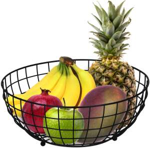 Black wire fruit bowl with pineapple, bananas, mango, and pomegranate - Fruit basket