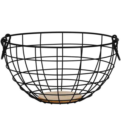 Schwarzer Obstkorb aus Metalldraht mit Holzbasis und Griffen