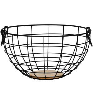 Black metal wire fruit basket with wooden base and handles - Fruit basket