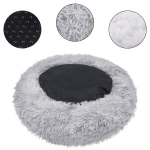 Collage showing details of the non-slip base, plush material, and filling of a Springos grey dog bed. - Pet Care