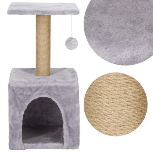 Springos cat tree with scratching post and condo, gray and beige, collage.