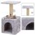 Springos 3-tier cat tree with scratching post and condo, gray and beige, with cat using it.