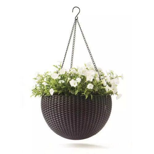 Keter Hanging Sphere grafit virágtartó fehér virágokkal