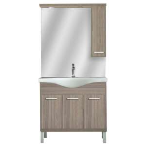 Nerva 85 fürdőszobabútor szett tükörrel és szekrényekkel, fa hatású, fehér kerámia mosdóval - Leziter