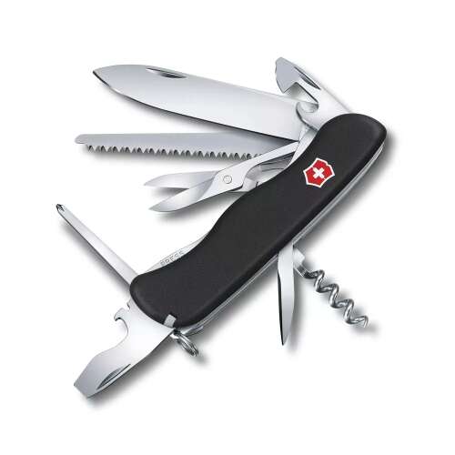 VICTORINOX Swiss Army Outrider zsebkés fekete markolattal, nagy pengével, fűrésszel, ollóval, üvegnyitóval, dugóhúzóval és még sok mással.