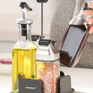Set of 3 glass spice jars with oil and vinegar dispensers and a stand, Aminno brand - Food Product
