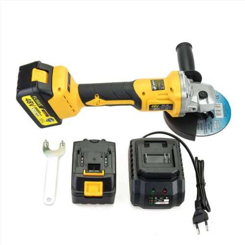 Flinke FK-8027 48V cordless angle grinder with 2 batteries, charger, wrench, and cutting disc