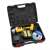 Flinke FK-8027 48V cordless angle grinder with 2 batteries, charger, and cutting disc in carrying case