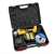 Flinke FK-8027 48V cordless angle grinder with 2 batteries, charger, and cutting disc in carrying case