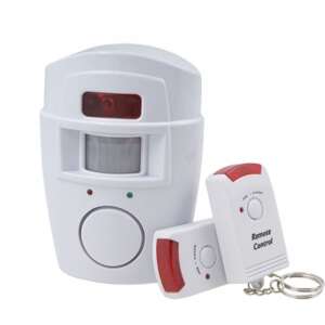 Wireless motion sensor alarm with remote control, showing the sensor, LED indicator, power light, alarm horn, signal receive window, PIR sensor, and 3 axis bracket - Alarm