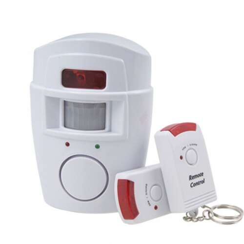 Wireless motion sensor alarm with remote control, showing the sensor, LED indicator, power light, alarm horn, signal receive window, PIR sensor, and 3 axis bracket
