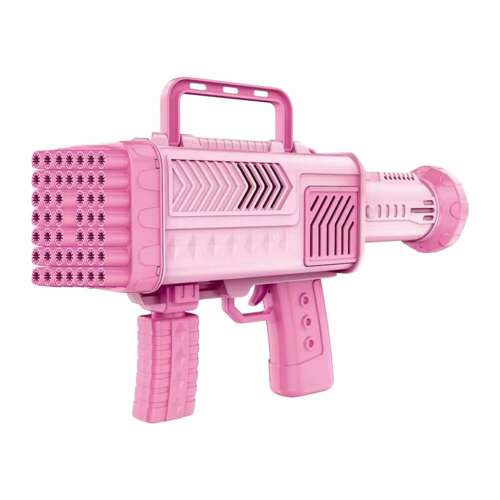 Pink bubble gun toy for kids, makes lots of bubbles, 46 hole bubble machine, side view