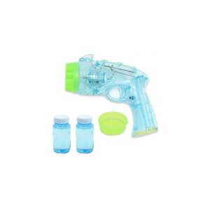 Blue transparent bubble gun with two bottles of bubble solution and a small dish - Bubble Blower