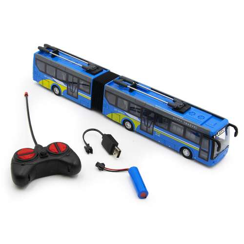 Remote control toy trolleybus, blue, with headlights, rechargeable battery, for kids