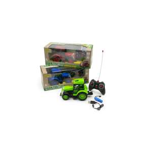Green remote control farm tractor toy with black wheels and a black cab, comes with a black remote control, USB charging cable, and a battery - Nonbrand Remote control vehicle