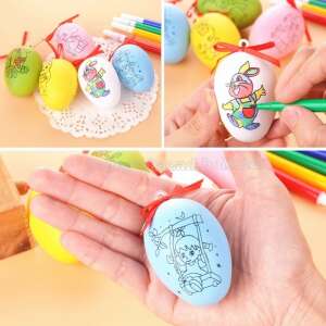 Collage of images showing the Festhető Húsvéti Tojáskészlet, a set of 6 styrofoam Easter eggs with pre-drawn designs, ready to be colored with the included markers. - Easter decoration