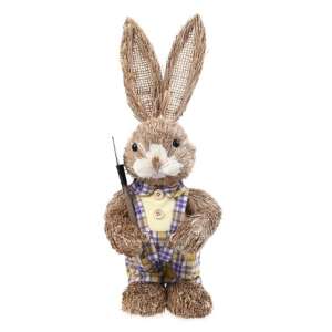 Handmade straw Easter bunny, 35cm tall, wearing plaid overalls, perfect for Easter decorations - Easter decoration