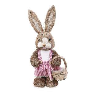 Straw Easter Bunny with Basket, 35cm, pink gingham dress, brown fur, white face, handmade - Easter decoration