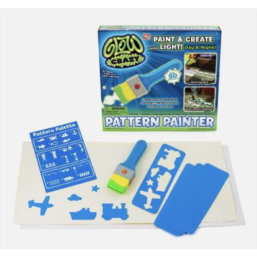 Glow Crazy Pattern Painter set, includes light-up brush, stencils, and glow-in-the-dark canvases