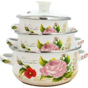 Tidal TD-9760 Enamel Pots Set of 3, white with floral design, 3 sizes with lids - Kitchen Tool Set