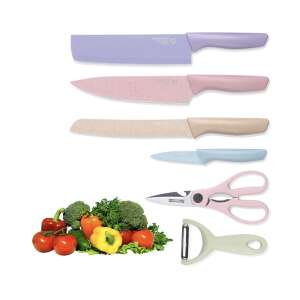 Everrich 6 piece colorful kitchen knife set, includes chef knife, bread knife, paring knife, kitchen shears, and peeler - Kitchen Knife