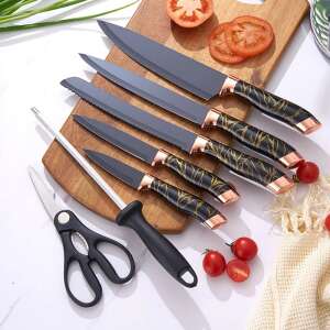 8 piece stainless steel knife set with black and gold marble handles, includes a chef's knife, bread knife, utility knife, paring knife, and kitchen shears - Kitchen Knife