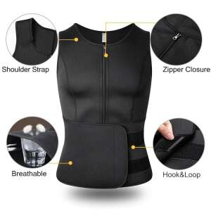 Black sweat vest with zipper closure, hook and loop fastening, and breathable material.  Features shoulder strap, zipper closure, hook and loop fastening, and breathable material. - Home workout