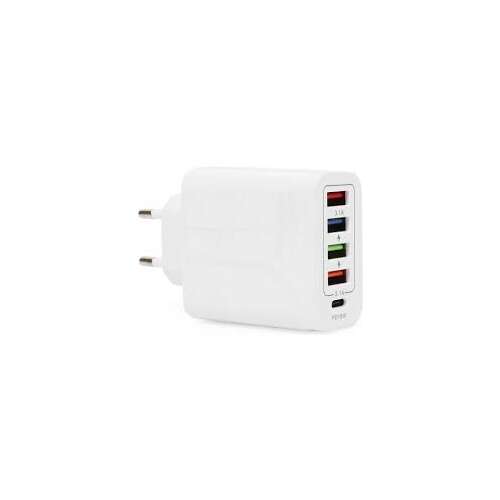 White 48W 4 USB + 18W PD Type-C Input Fast Charging Adapter