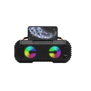 HT-M 10 portable karaoke Bluetooth speaker with microphone, black, with RGB lights, showing the phone holder - Nonbrand Bluetooth Speaker