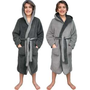 Homelevel reversible kids bathrobe, grey, 9-10 years old, with hood, pockets and belt - Homelevel