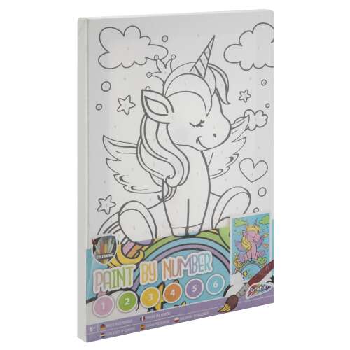 Set de pictură după numere cu un unicorn pe un curcubeu, perfect pentru copii și adulți