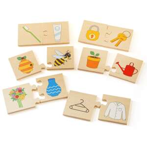 Wooden matching puzzle for kids, featuring pairs like toothbrush and toothpaste, key and lock, bee and honeycomb, flower and vase, sprinkler and plant, hanger and shirt - Baby Puzzle