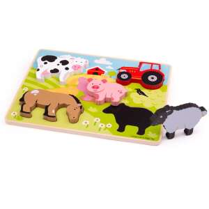 Farm animals wooden puzzle for toddlers, featuring a cow, pig, horse, sheep, and tractor. Perfect for developing fine motor skills and learning about farm animals. - Baby Puzzle