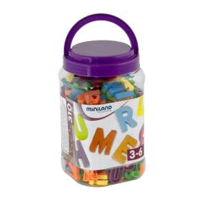 Miniland Magnetyczne Litery 310 sztuk, kolorowe litery w plastikowym pojemniku z fioletową pokrywką - Miniland
