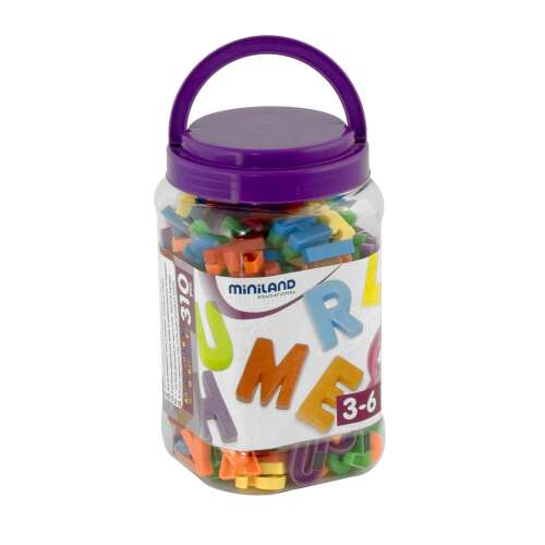 Miniland Mágneses betűk 310 darab, színes betűk műanyag tartályban lila fedéllel