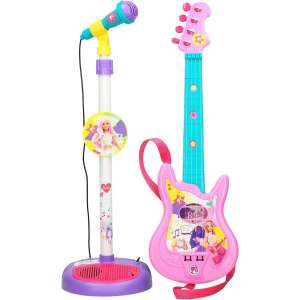 Barbie Guitar and Microphone Set, pink guitar with blue accents, microphone on stand, Barbie doll on the guitar - Nonbrand Toy Instrument