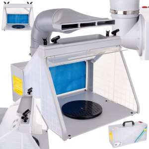 Hordozható modellező festőkabin 4 db airbrush festőpisztoly tartóval, világítással és elszívással, collage showing the product from different angles - Paint Sprayer and System