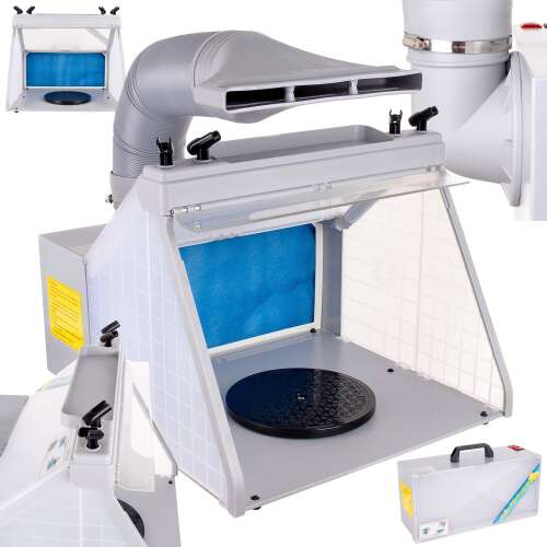 Hordozható modellező festőkabin 4 db airbrush festőpisztoly tartóval, világítással és elszívással, collage showing the product from different angles