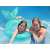 Child and adult using inflatable mermaid tail swimming ring in pool
