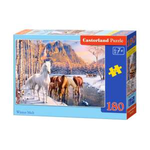Castorland 180 piece puzzle for ages 7+, Winter Melt, featuring horses drinking from a river in a snowy landscape - Castorland Puzzle